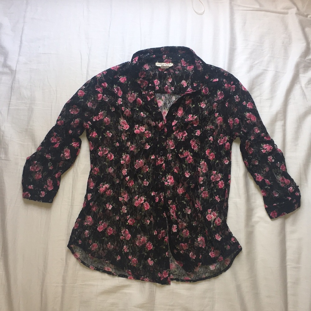 Floral black lace see through button down shirt
